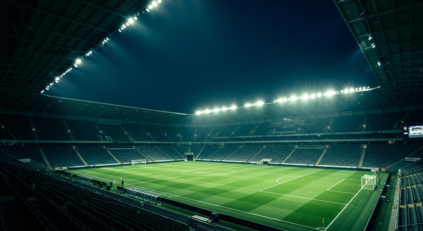 Floodlit football stadium at night