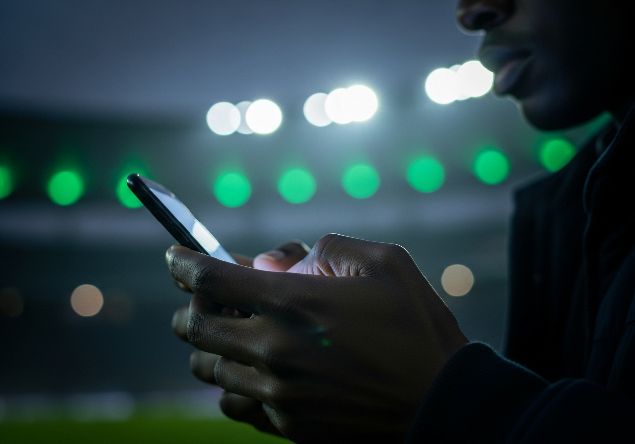 Hands holding a phone at a night match